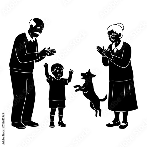 Grandparents child dog clapping family