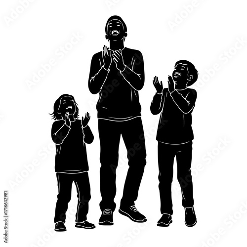 Joyful family clapping and laughing black and white