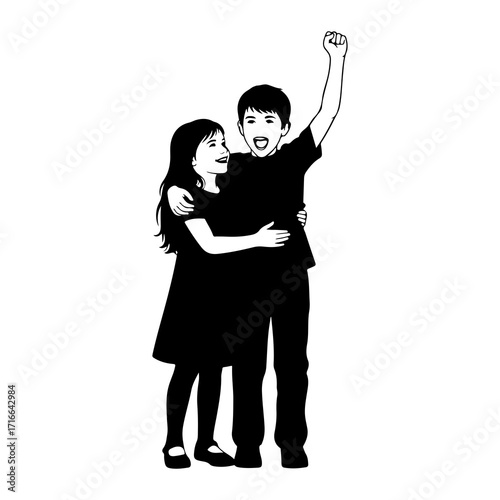 Joyful siblings embrace celebrating victory children
