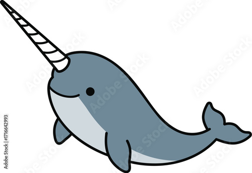 Cute Cartoon Narwhal Swimming in Ocean Waters