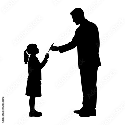 Man and child signing document silhouette girl