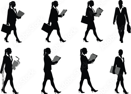 Silhouette of businesswoman walking and standing with briefcase, clipboard, documents, professional career, office lifestyle, leadership, success, corporate teamwork, progress
