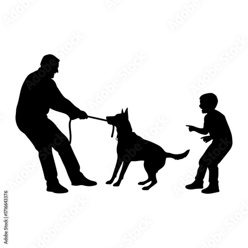 Man child dog tugging rope black silhouette tug of war