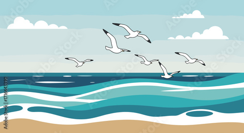 Seagulls flying over the ocean a vector illustration of a coastal scene perfect for travel and vacation themes