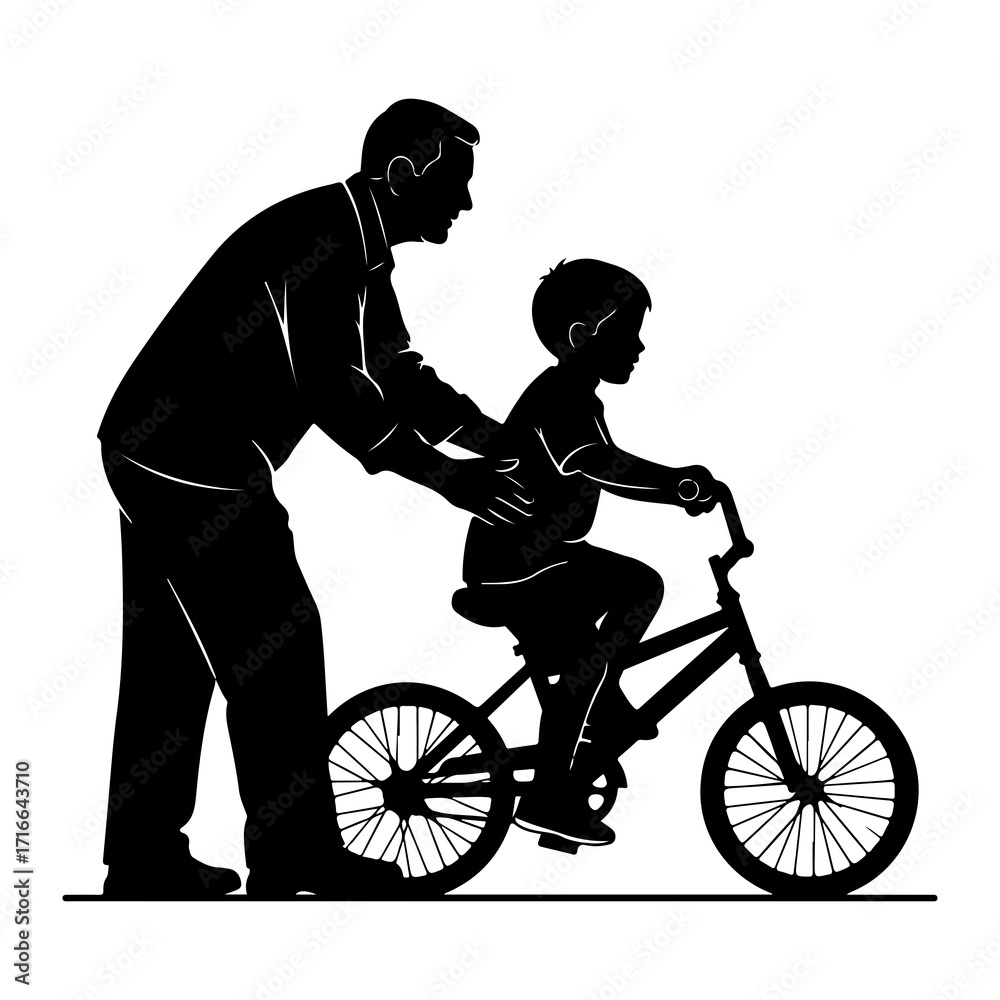 Naklejka premium Man teaching boy to ride bicycle father riding
