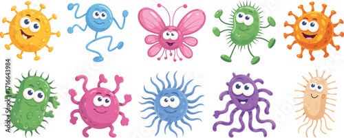 Colorful cartoon germs, friendly microbe characters, educational bacteria illustration, playful virus design, kids science art, hygiene awareness