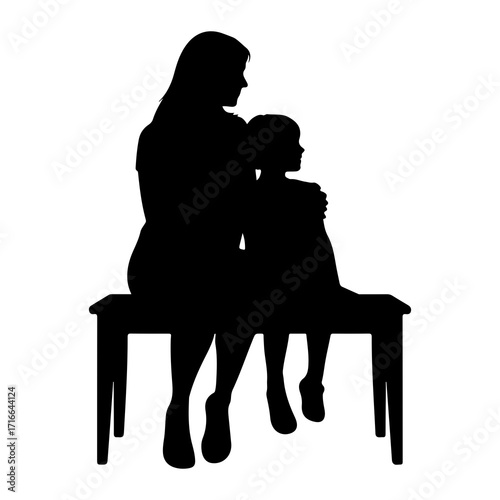 Mother and child embracing on bench silhouette embrace