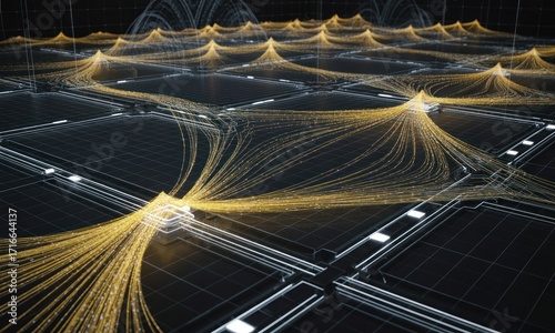 Abstract digital circuit network.  Golden lines weave across a grid of dark squares