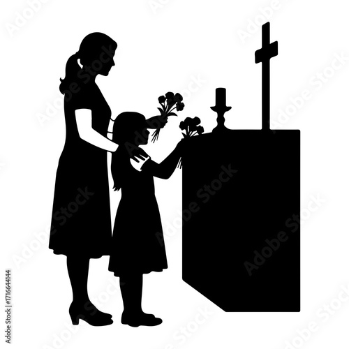 Mother and child placing flowers at altar silhouette