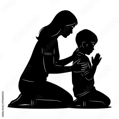Mother and child praying together kneeling devotion