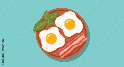Breakfast plate with fried eggs bacon and basil vector illustration for menu design isolated on a blue background
