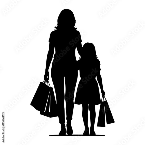 Mother and child shopping silhouettes daughter shopping bags