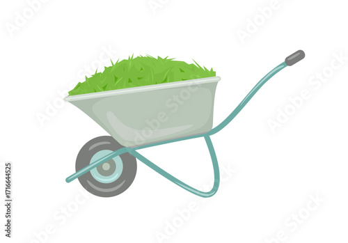 Wheelbarrow with mown grass isolated on white background. Vector cartoon flat illustration.
