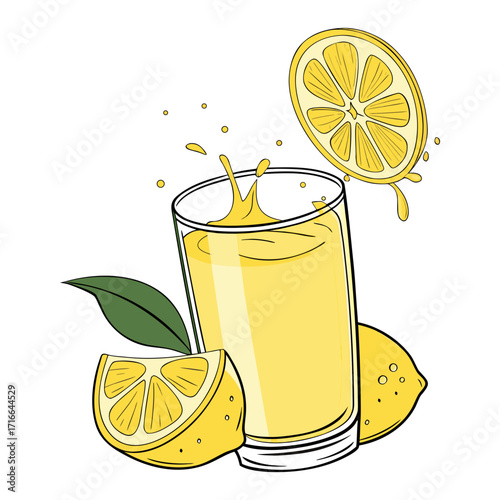 Fresh Lemon Juice Vector Illustration – Glass with Splash and Citrus Fruits
