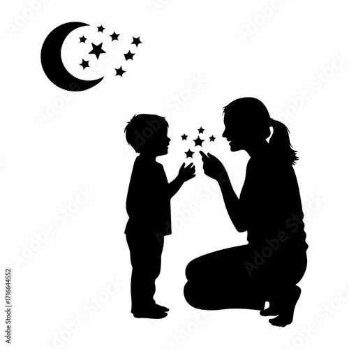 Mother and child with moon and stars silhouette baby