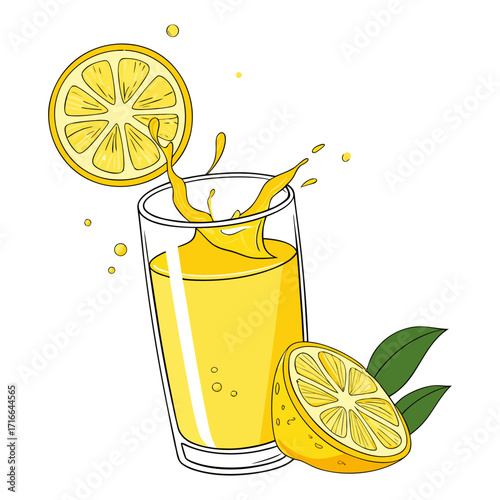Fresh Lemon Juice Vector Illustration – Glass with Splash and Citrus Fruits
