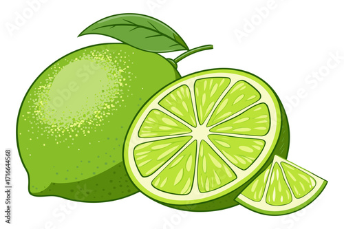 Lime Fruit Vector Illustration – Whole and Sliced Citrus with Leaves