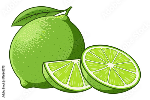 Lime Fruit Vector Illustration – Whole and Sliced Citrus with Leaves