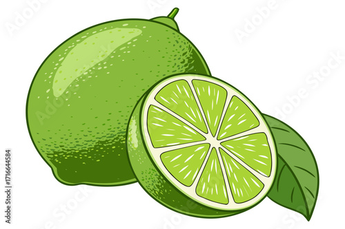 Lime Fruit Vector Illustration – Whole and Sliced Citrus with Leaves