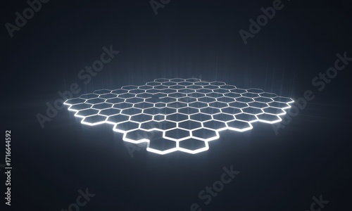 Abstract honeycomb grid, glowing white lines on dark background