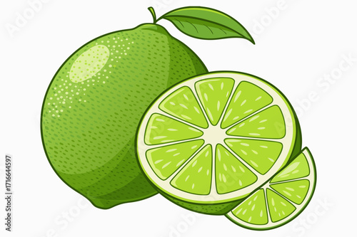 Lime Fruit Vector Illustration – Whole and Sliced Citrus with Leaves