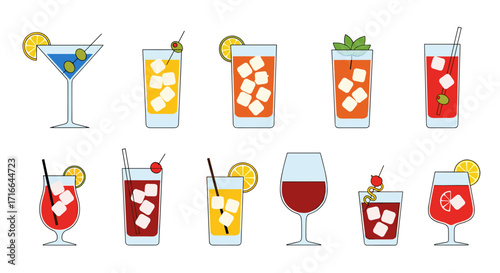 Set of colorful cocktail illustrations various alcoholic drinks with ice and fruit garnish vector design for menu and bar promotions