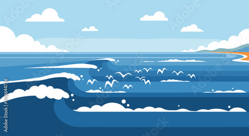 Seascape illustration with ocean waves and birds flat vector design of a coastal scene perfect for travel and summer themes