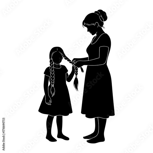Mother braiding daughters hair black silhouette