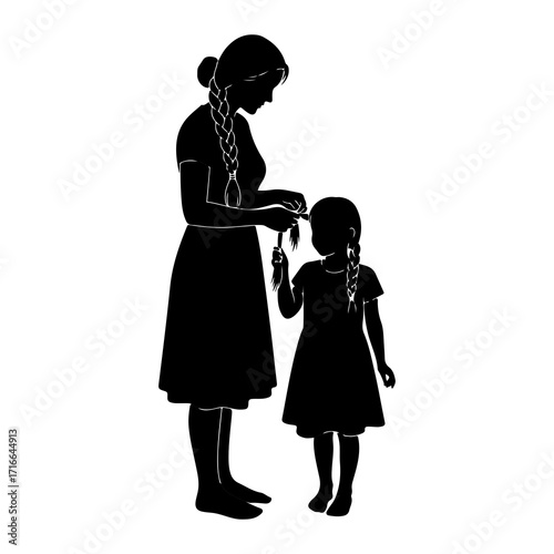 Mother braiding daughters hair family