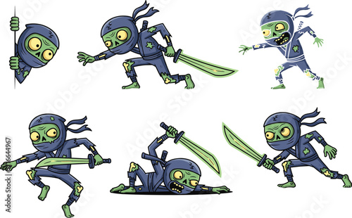 Cartoon Zombie Ninja Character Set – Action Poses, Sword Fighting, Stealth, Comedy, Game Design, Vector Art