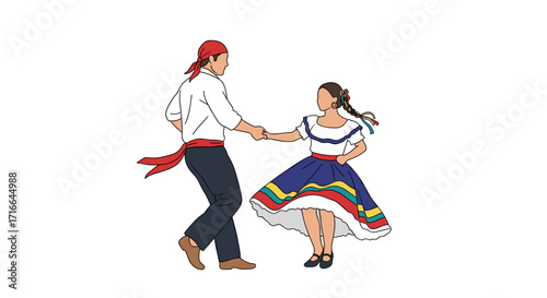 Mexican couple in traditional folk costume dancing happily together isolated on white background