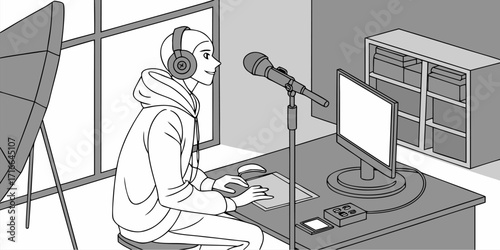 Engaging podcaster broadcasting live stream from home studio, connecting with audience, sharing insights, and building community in modern digital age