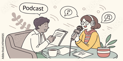 Dynamic podcasting session with engaging hosts, radiating collaborative energy and vibrant discussion, perfect for modern media, audio content creation, and creative collaboration