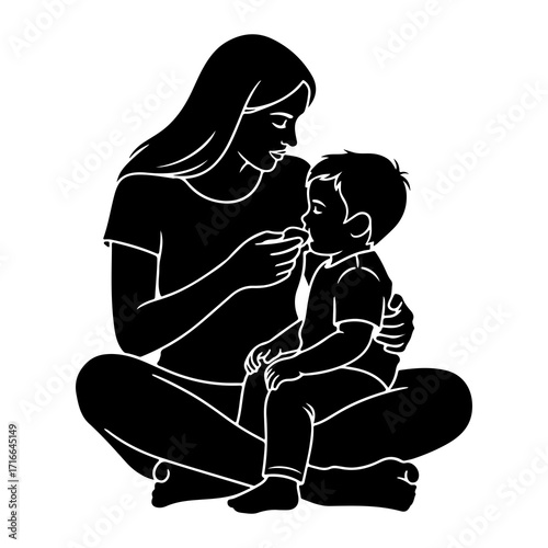 Mother feeding child black silhouette baby love