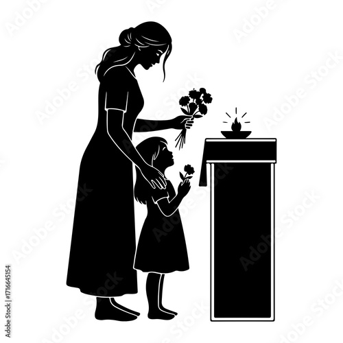 Mother daughter offering flowers candle child bouquet