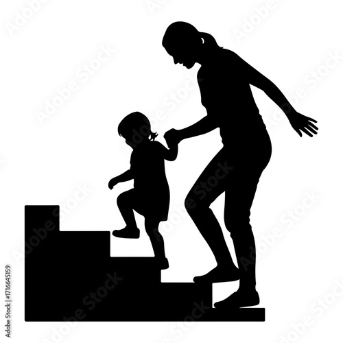 Mother helping child ascend stairs silhouette climbing