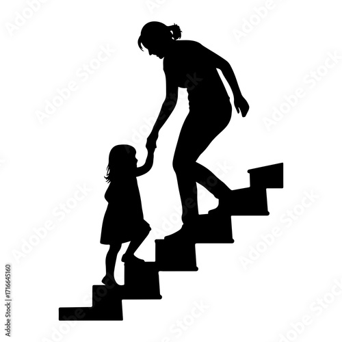 Mother helping child ascend stairs ascending