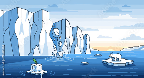 Arctic melting icebergs polar bear on small iceberg and seedling growing on ice floe concept of global warming and climate change