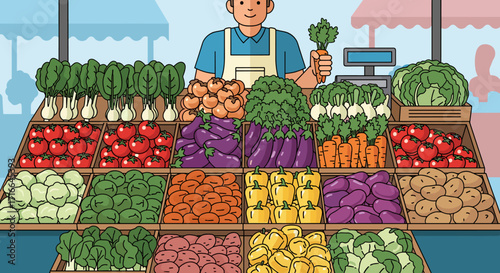 Smiling Grocer Standing Behind Stall Filled With Fresh Colorful Vegetables