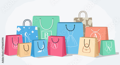 Collection of Colorful Shopping Bags with Fashion Silhouettes Isolated on White Background