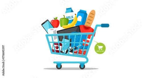 Filled shopping cart with groceries and food items isolated on white background