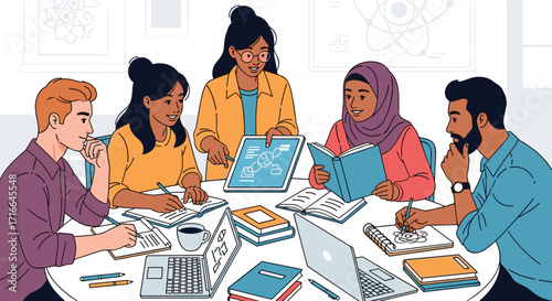 Diverse group of students collaborate around a table studying and learning together