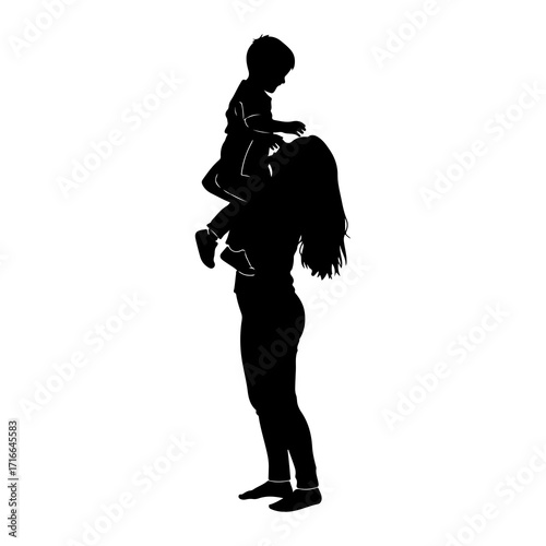 Mother holding child on shoulders silhouette