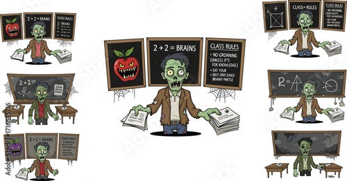 Funny zombie teacher cartoon standing in classroom with chalkboard, spooky math equations and horror school rules vector illustration design
