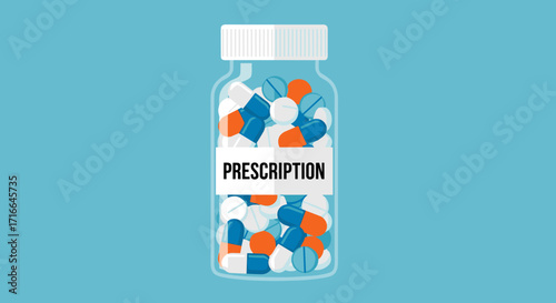 Transparent bottle filled with colorful pills and capsules isolated on blue background for medical or health concepts