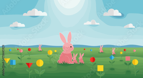 Family of Pink Rabbits in a Field of Colorful Flowers and Geometric Shapes Under a Blue Sky with Clouds Paper Cut Out Style