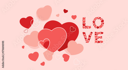 Various Red And Pink Hearts Forming The Word Love With A Light Pink Background