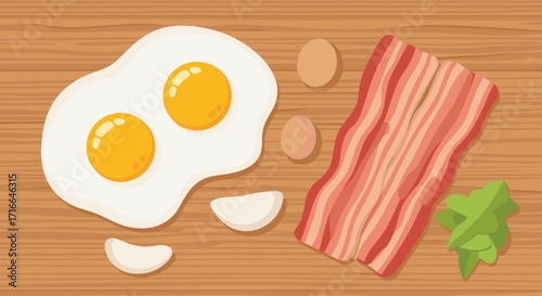 Two Fried Eggs Bacon Slices Garlic Cloves and Greens on Wood Board Breakfast Food Concept