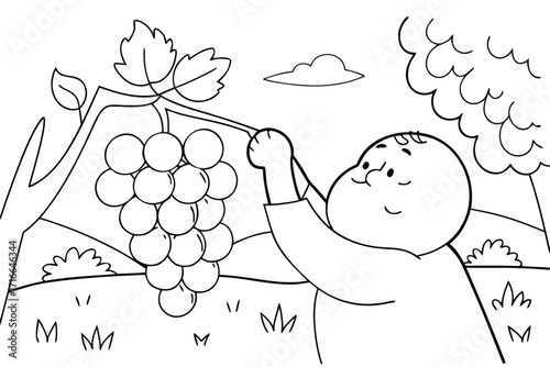 Cartoon Outline of a Person Picking Grapes from a Vine for Coloring fruit