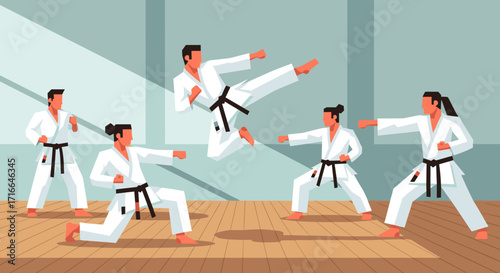 Martial arts training in a dojo showing karate students practicing kicks and punches in a dynamic action scene
